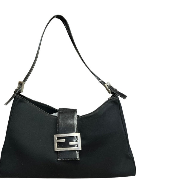 FENDI Nylon Canvas Baguette Shoulder Bag Black Silver