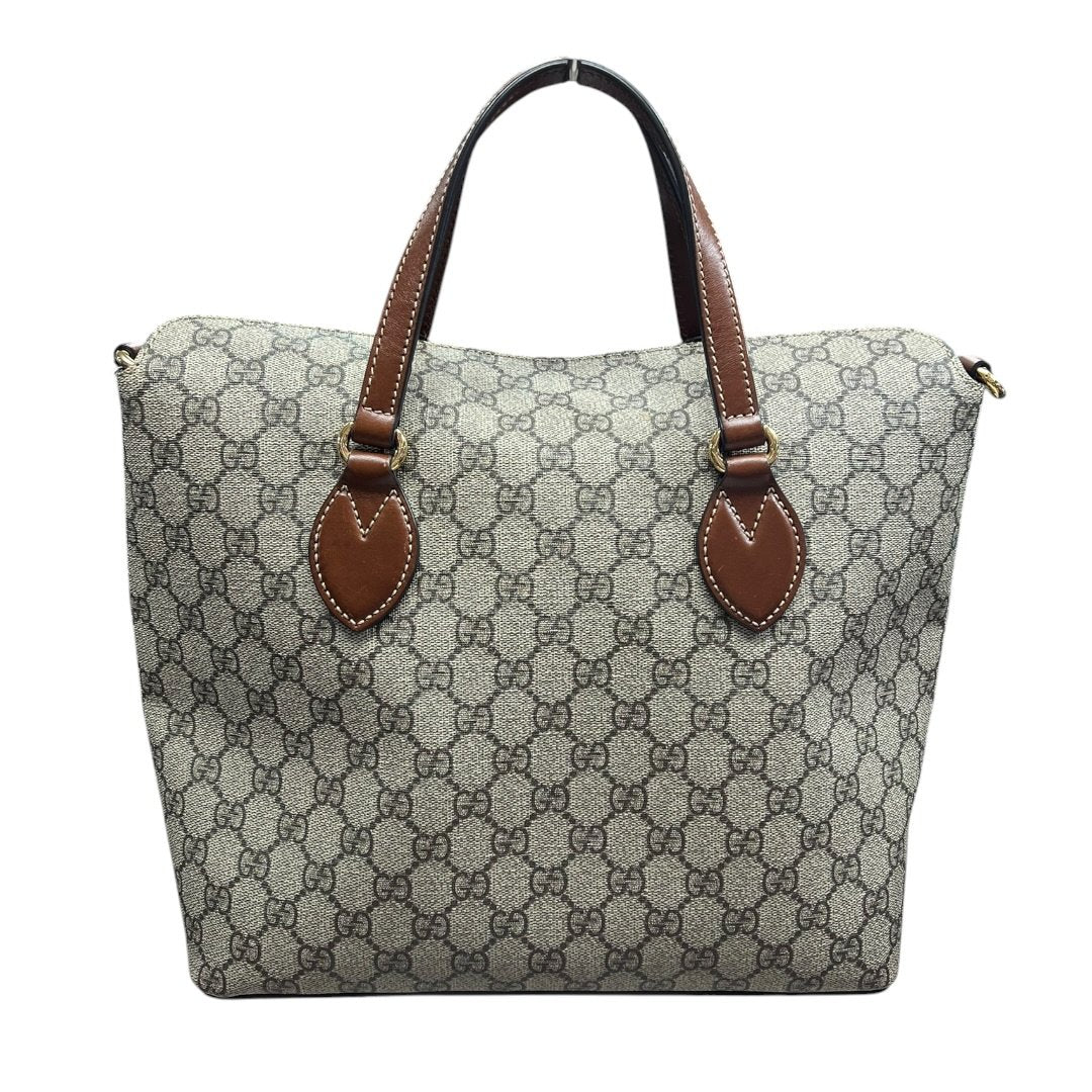 GUCCI GG Supreme Canvas, Leather GG Supreme Tote Bag Tote Beige/Ebony, Brown Gold Hardware | Authentic Pre-Owned Luxury