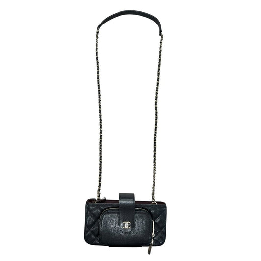 CHANEL Caviar Phone Holder Black Gold