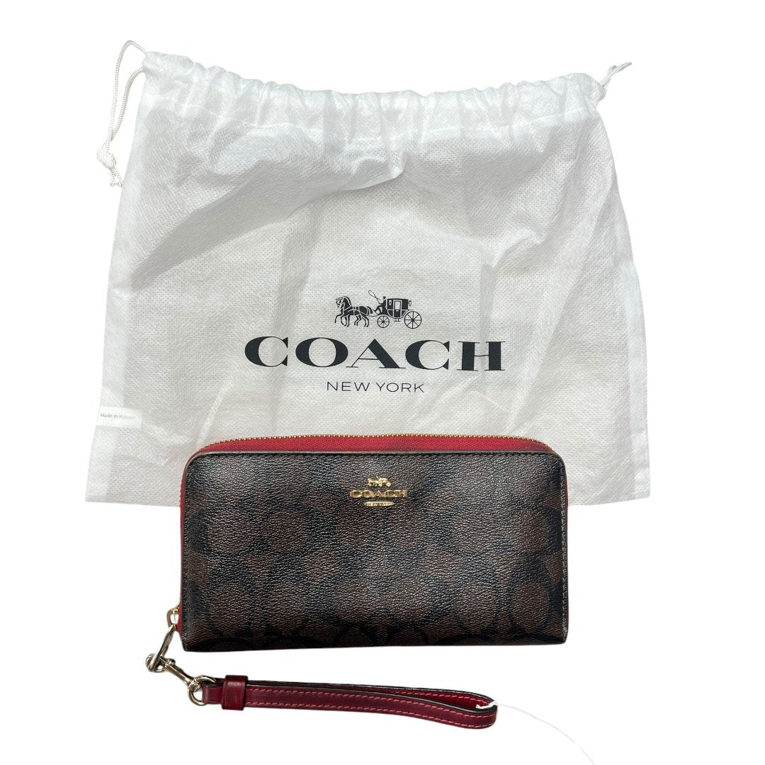 COACH Signature Canvas Zip Wallet Wristlet Brown Red
