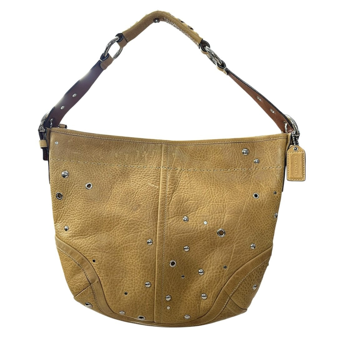 COACH Leather Studded Hobo Shoulder Bag Tan Silver