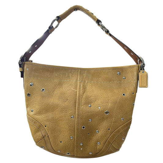COACH Leather Studded Hobo Shoulder Bag Tan Silver