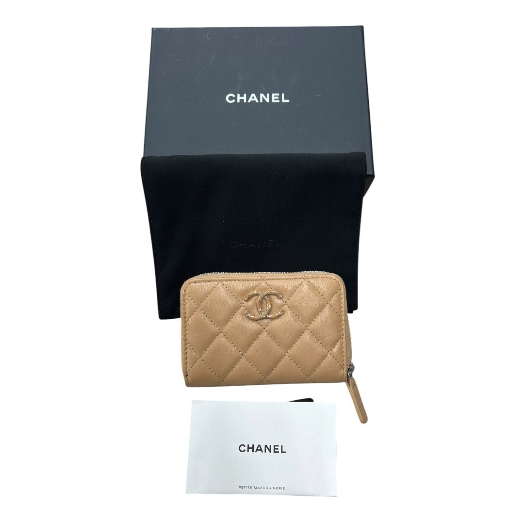 CHANEL Lambskin Zip Around Wallet Beige