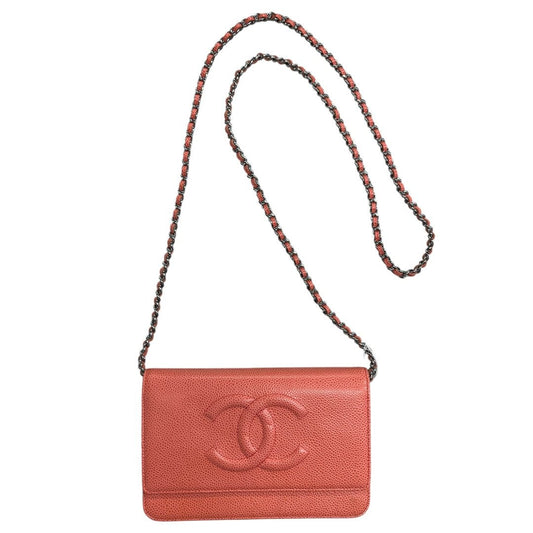 CHANEL Caviar Wallet On Chain Coral Silver Hardware