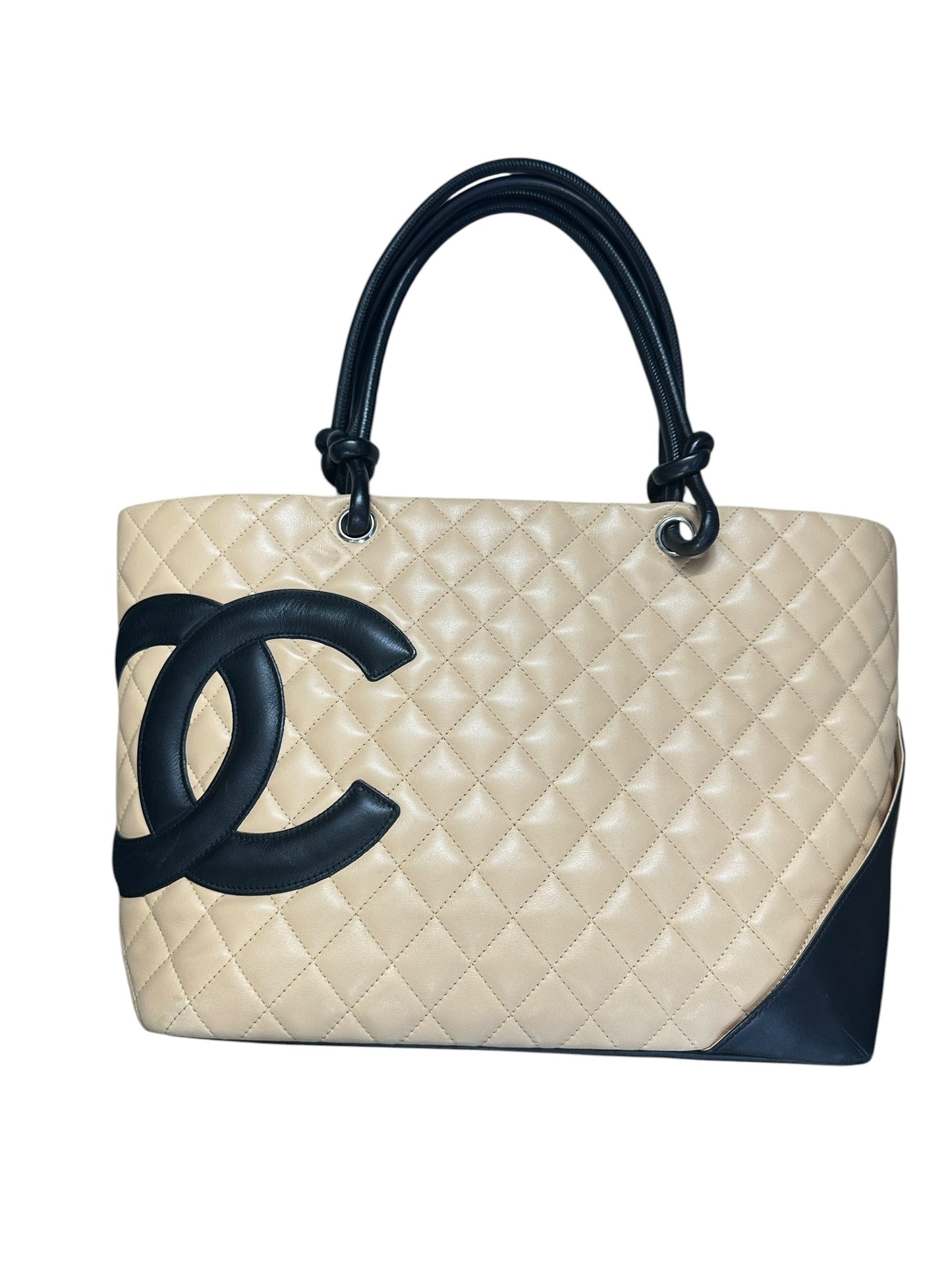 CHANEL Lambskin Cambon Line Large Tote Bag Beige Black Silver Hardware | Authentic Pre-Owned Luxury