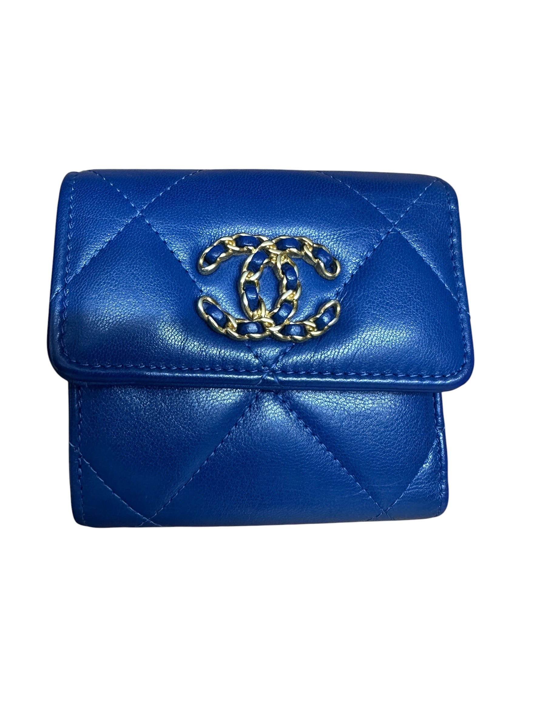 CHANEL Lambskin Chanel 19 Small Trifold Wallet Blue Gold Hardware | Authentic Pre-Owned Luxury