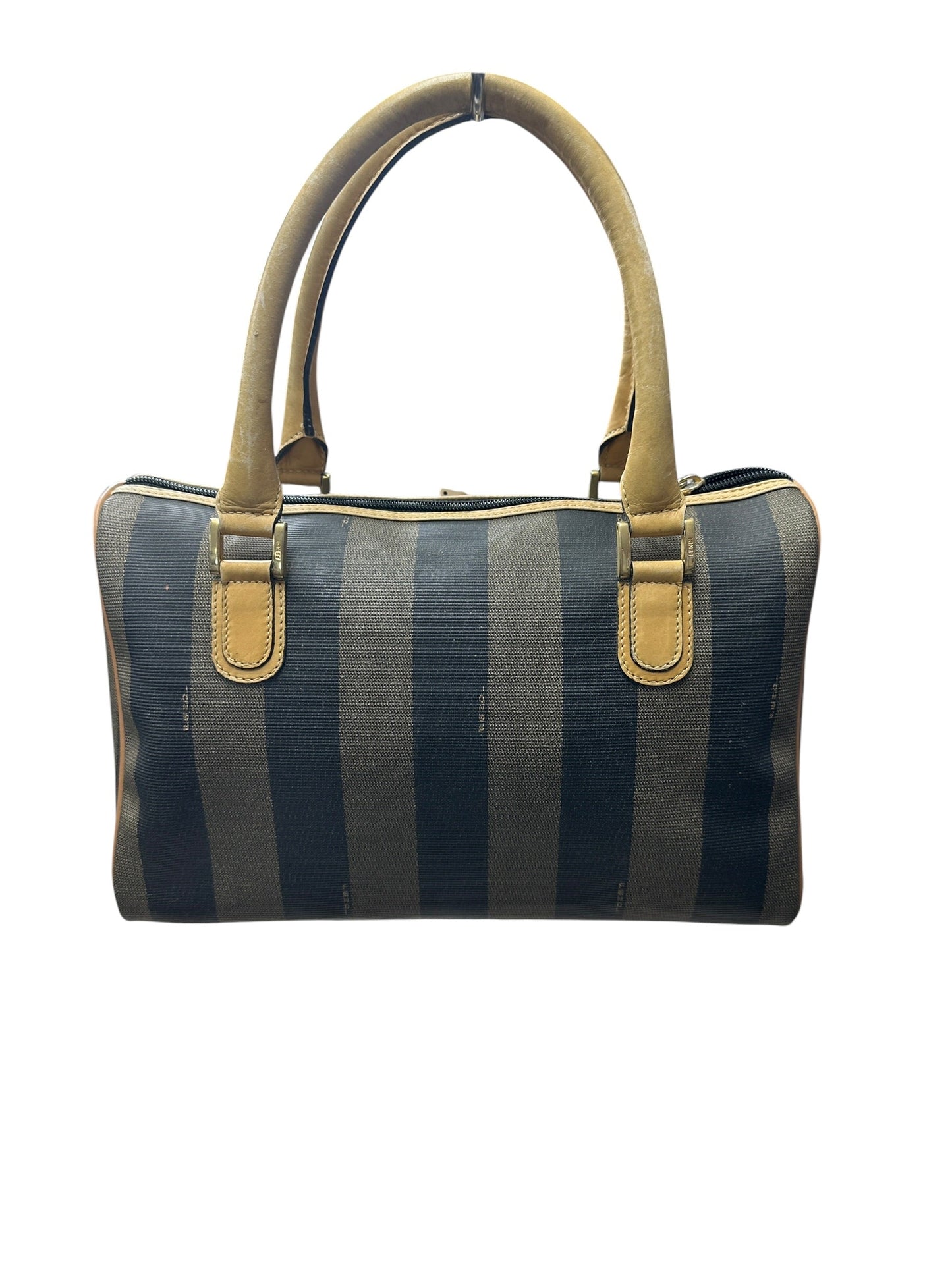FENDI Pequin Stripe Mini Boston Handbag Brown Black Gold Hardware | Authentic Pre-Owned Luxury