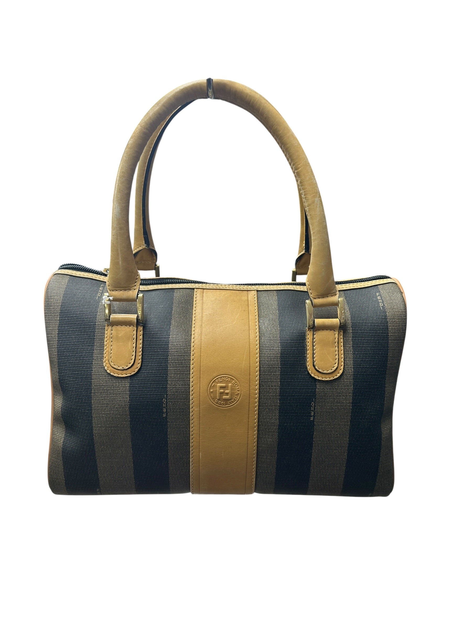FENDI Pequin Stripe Mini Boston Handbag Brown Black Gold Hardware | Authentic Pre-Owned Luxury