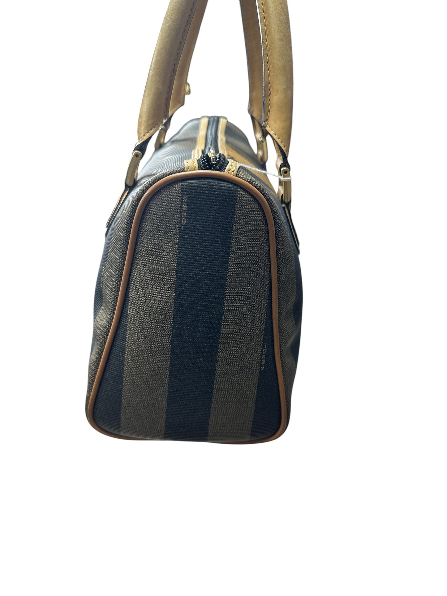 FENDI Pequin Stripe Mini Boston Handbag Brown Black Gold Hardware | Authentic Pre-Owned Luxury