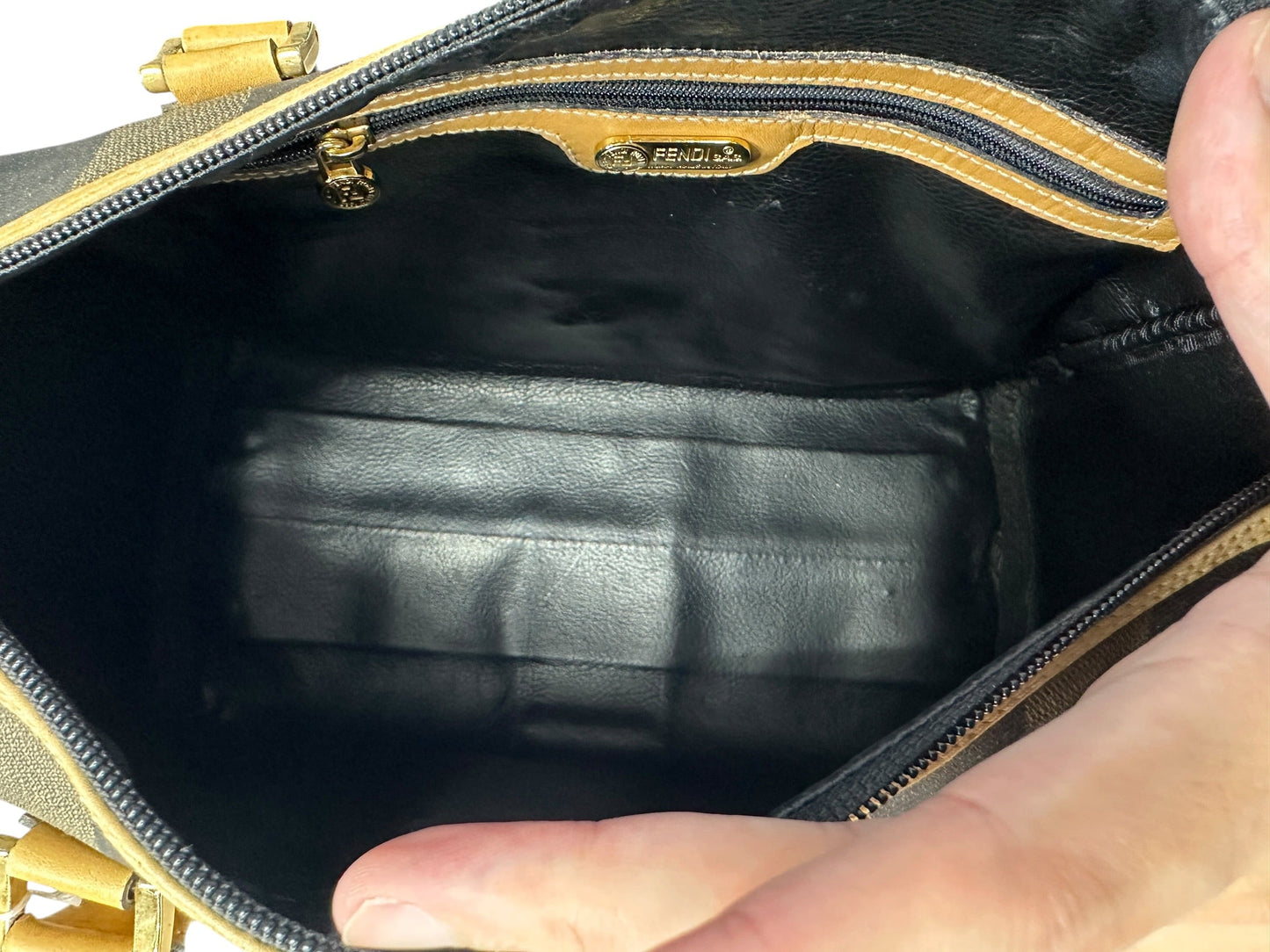 FENDI Pequin Stripe Mini Boston Handbag Brown Black Gold Hardware | Authentic Pre-Owned Luxury