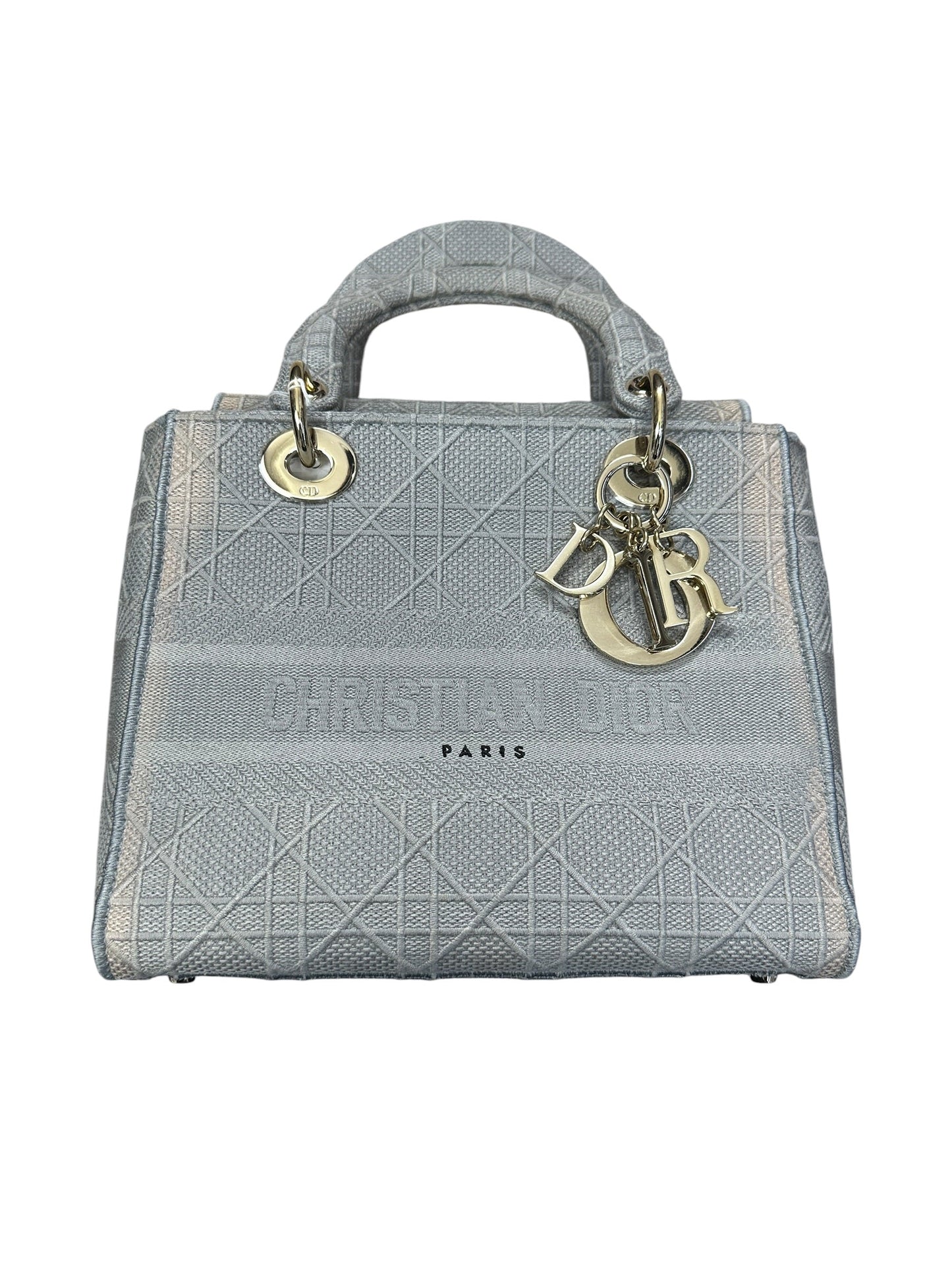 Christian Dior Cannage Embroidered Canvas Lady D-Lite Medium Handbag Gray Gold Hardware | Authentic Pre-Owned Luxury