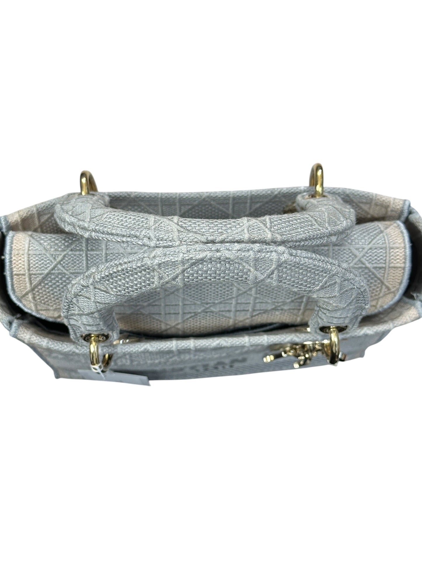 Christian Dior Cannage Embroidered Canvas Lady D-Lite Medium Handbag Gray Gold Hardware | Authentic Pre-Owned Luxury