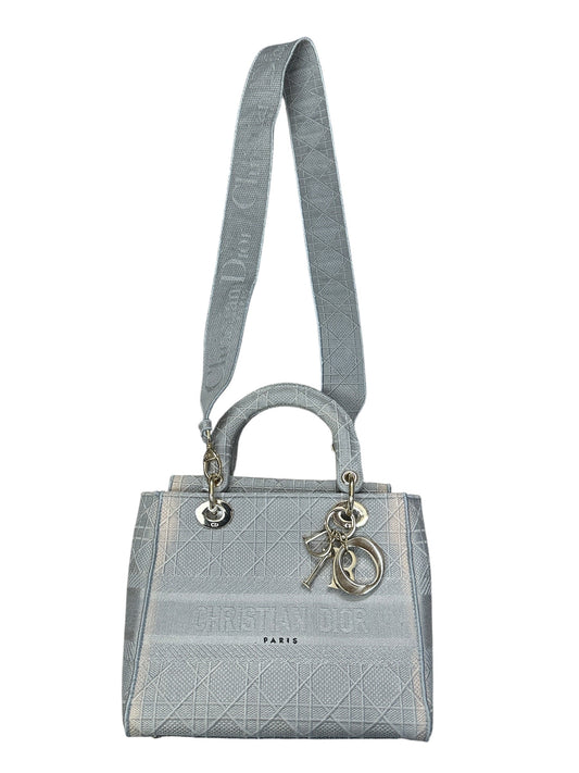 Christian Dior Cannage Embroidered Canvas Lady D-Lite Medium Handbag Gray Gold Hardware | Authentic Pre-Owned Luxury