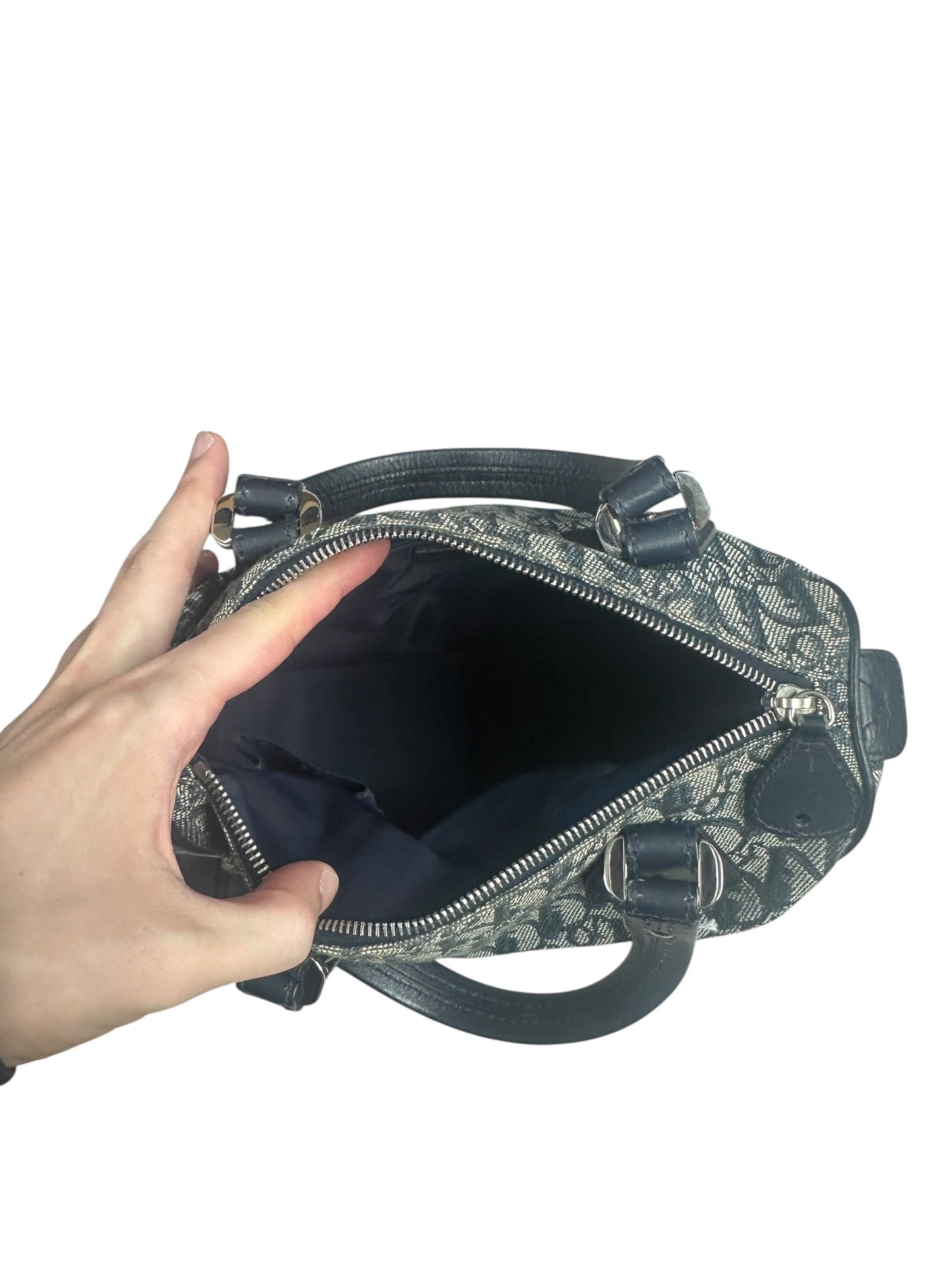 Christian Dior Trotter Jacquard Boston Handbag Navy Silver Hardware | Authentic Pre-Owned Luxury