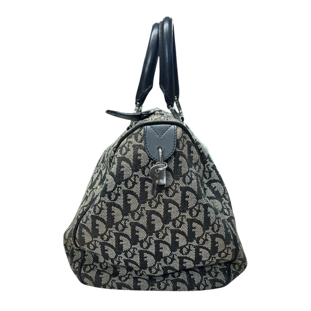 CHRISTIAN DIOR Oblique Canvas Oblique Boston Bag Handbag Black and Beige Silver Hardware | Authentic Pre-Owned Luxury