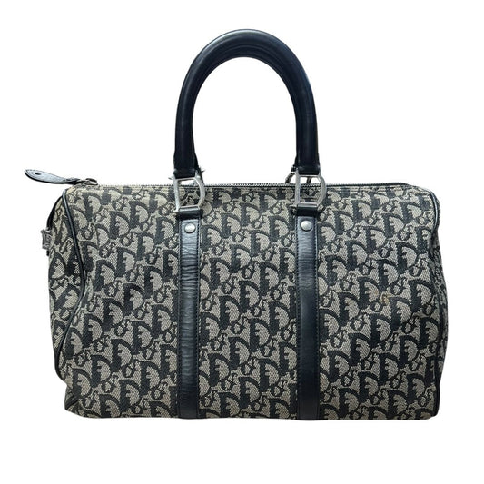 CHRISTIAN DIOR Oblique Canvas Oblique Boston Bag Handbag Black and Beige Silver Hardware | Authentic Pre-Owned Luxury