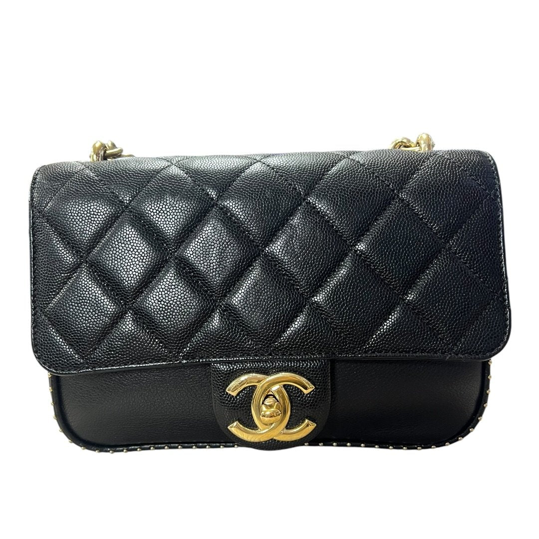CHANEL Caviar Mini Studded Flap Bag Shoulder Bag Black with Pink Interior Gold Hardware | Authentic Pre-Owned Luxury