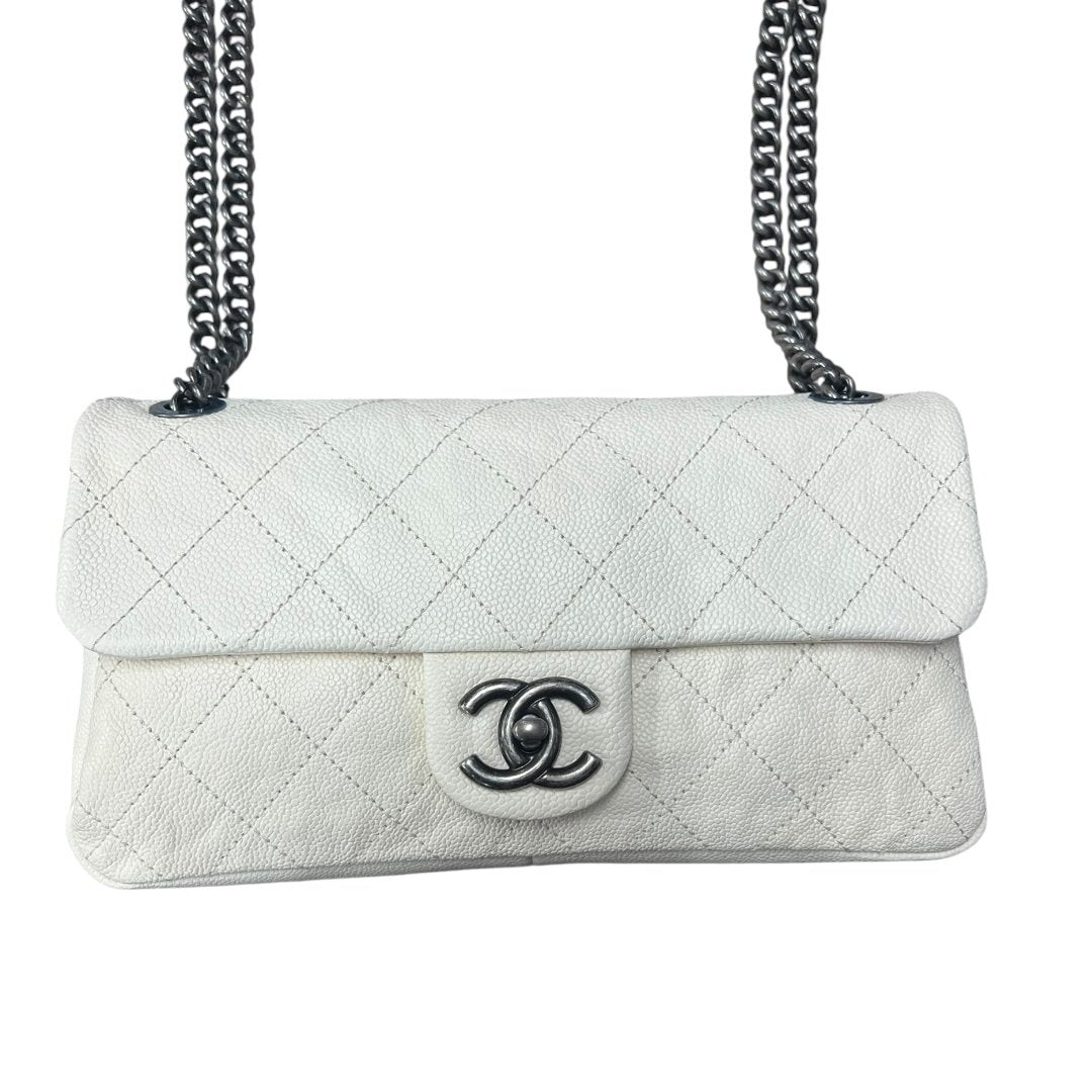 CHANEL Grained Calfskin Classic Flap Shoulder Bag White Gunmetal Hardware | Authentic Pre-Owned Luxury