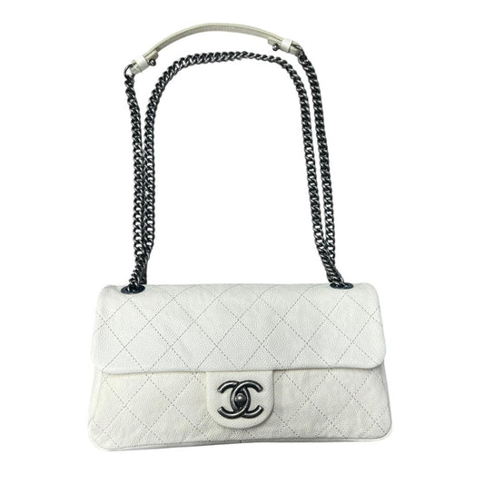 CHANEL Grained Calfskin Classic Flap Shoulder Bag White Gunmetal Hardware | Authentic Pre-Owned Luxury
