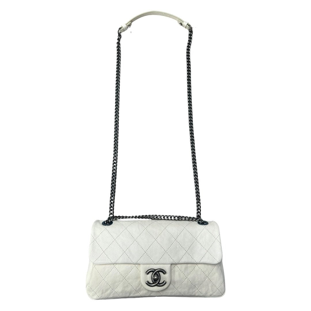CHANEL Grained Calfskin Classic Flap Shoulder Bag White Gunmetal Hardware | Authentic Pre-Owned Luxury
