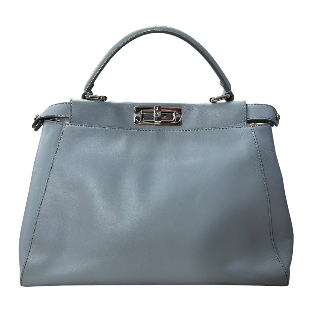 FENDI Calfskin Peekaboo Handbag Light Blue with Yellow Lining Silver Hardware | Authentic Pre-Owned Luxury