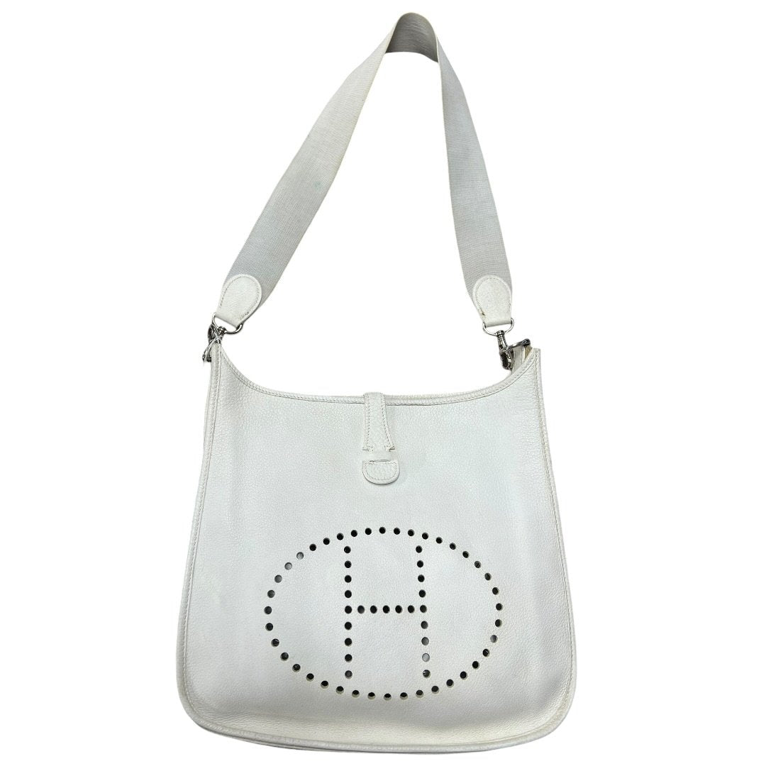 HERMES Clemence, Canvas Evelyne Shoulder Bag Off-White Silver Hardware | Authentic Pre-Owned Luxury