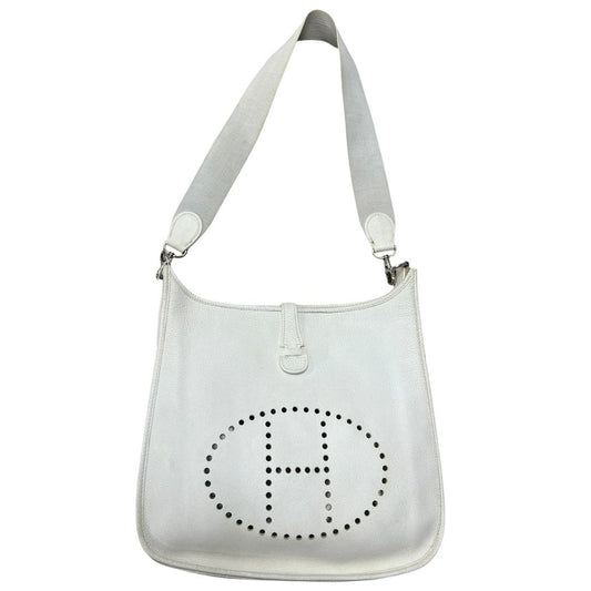 HERMES Clemence, Canvas Evelyne Shoulder Bag Off-White Silver Hardware | Authentic Pre-Owned Luxury