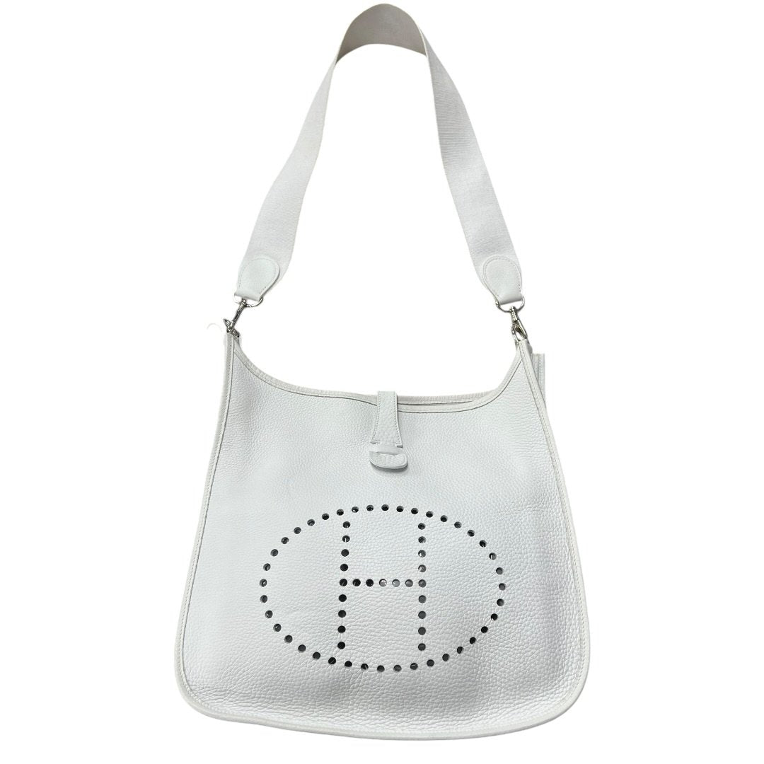 HERMES Clemence, Canvas Evelyne III PM Shoulder Bag White Silver Hardware | Authentic Pre-Owned Luxury