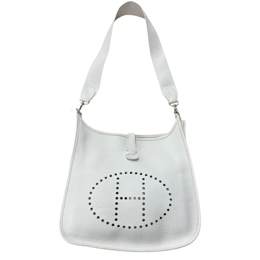 HERMES Clemence, Canvas Evelyne III PM Shoulder Bag White Silver Hardware | Authentic Pre-Owned Luxury