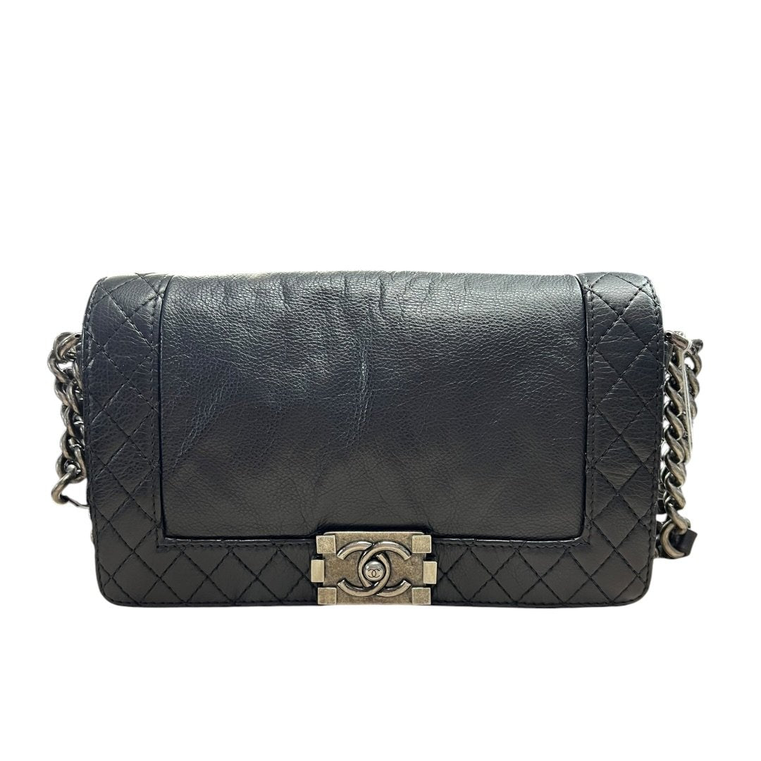 CHANEL Aged Calfskin Boy Bag Shoulder Bag Black Aged Silver Hardware | Authentic Pre-Owned Luxury
