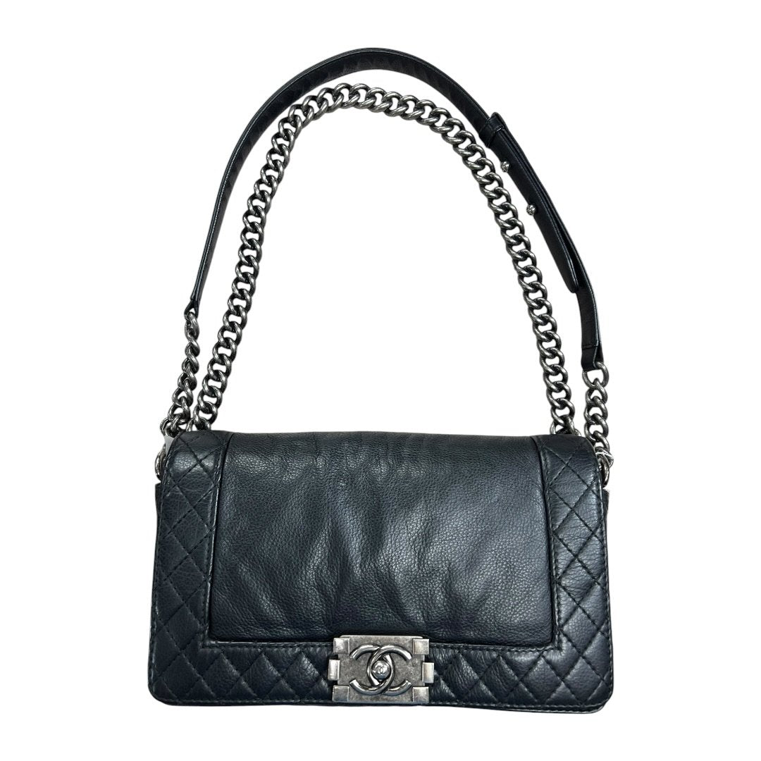 CHANEL Aged Calfskin Boy Bag Shoulder Bag Black Aged Silver Hardware | Authentic Pre-Owned Luxury