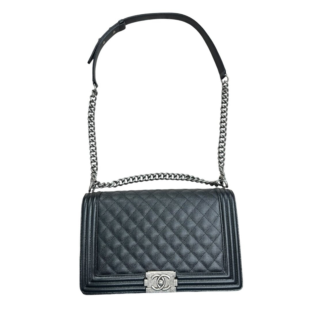 CHANEL Caviar Leather Boy Chanel Flap Bag Shoulder Bag Black Aged Silver-tone Hardware | Authentic Pre-Owned Luxury
