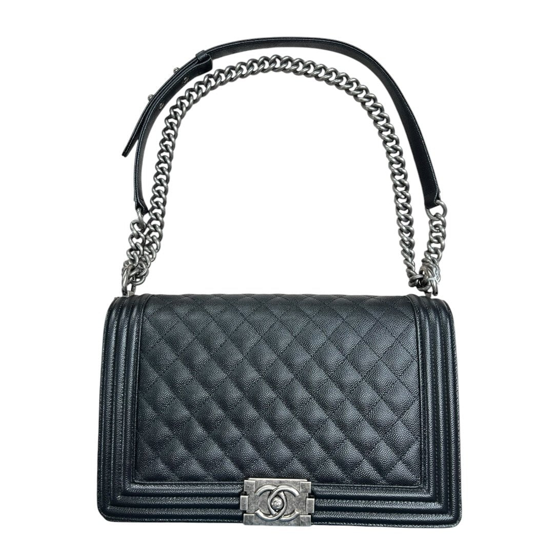 CHANEL Caviar Leather Boy Chanel Flap Bag Shoulder Bag Black Aged Silver-tone Hardware | Authentic Pre-Owned Luxury