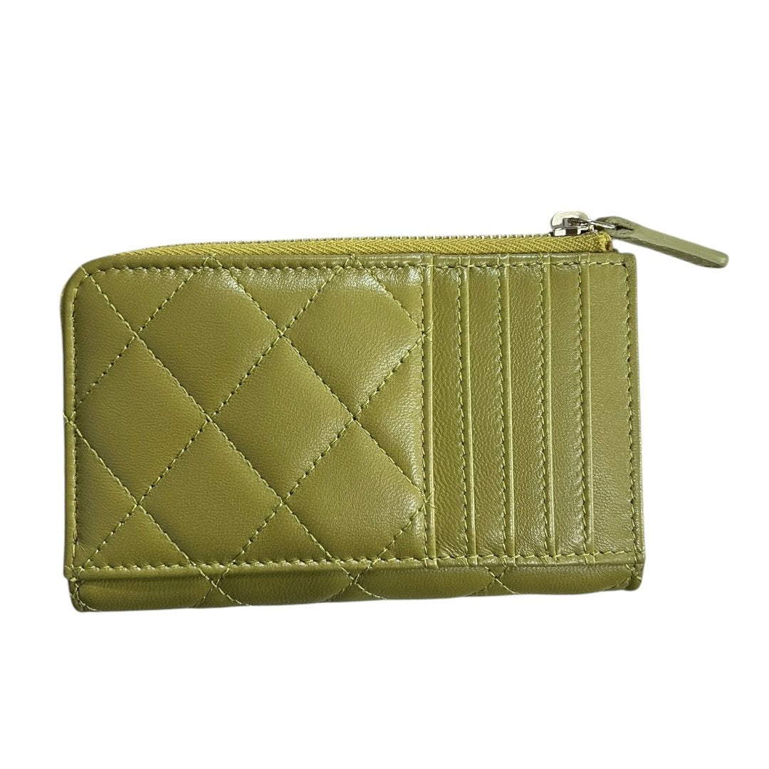 CHANEL Lambskin Quilted Zipped Card Holder Wallet Olive Green Silver Hardware | Authentic Pre-Owned Luxury