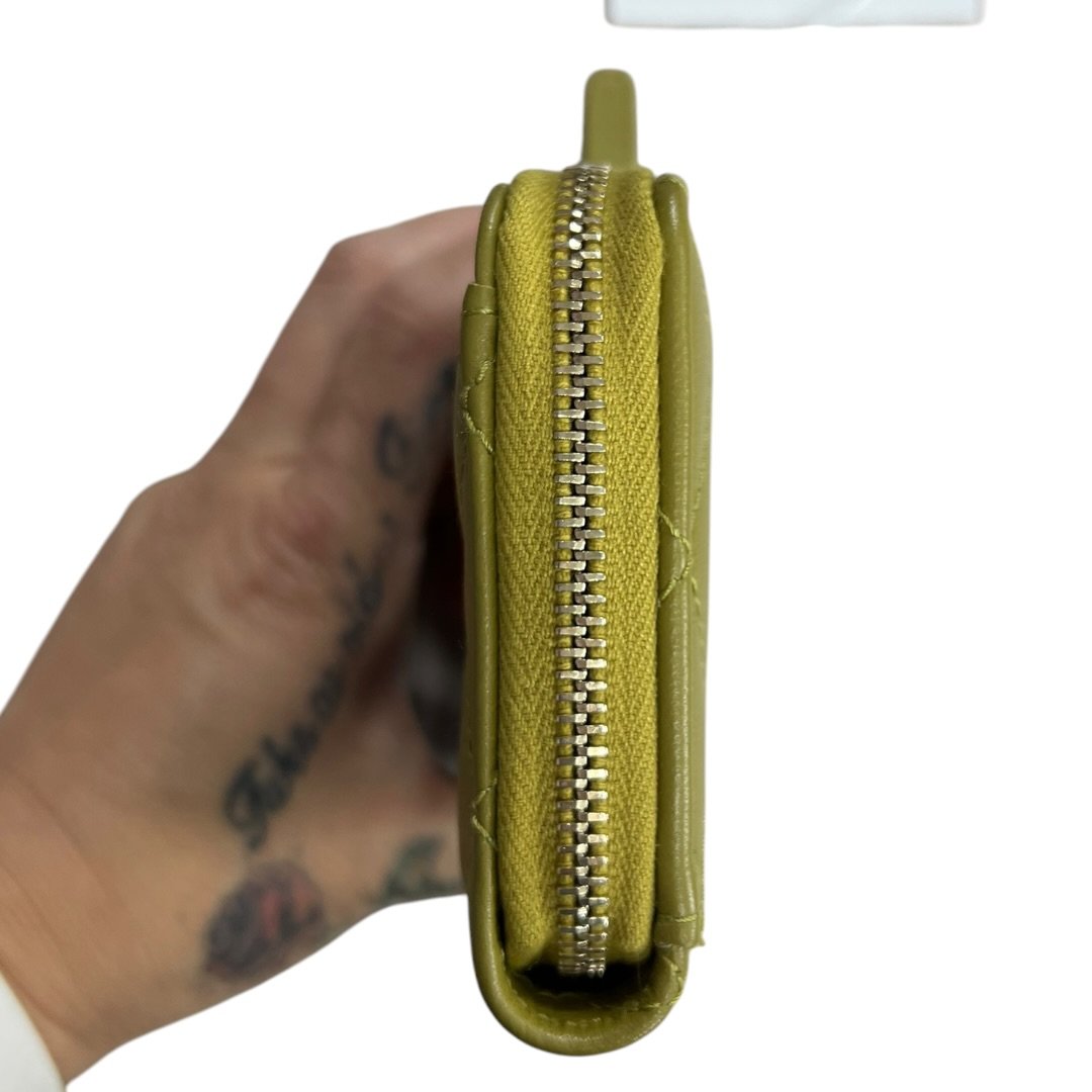 CHANEL Lambskin Quilted Zipped Card Holder Wallet Olive Green Silver Hardware | Authentic Pre-Owned Luxury