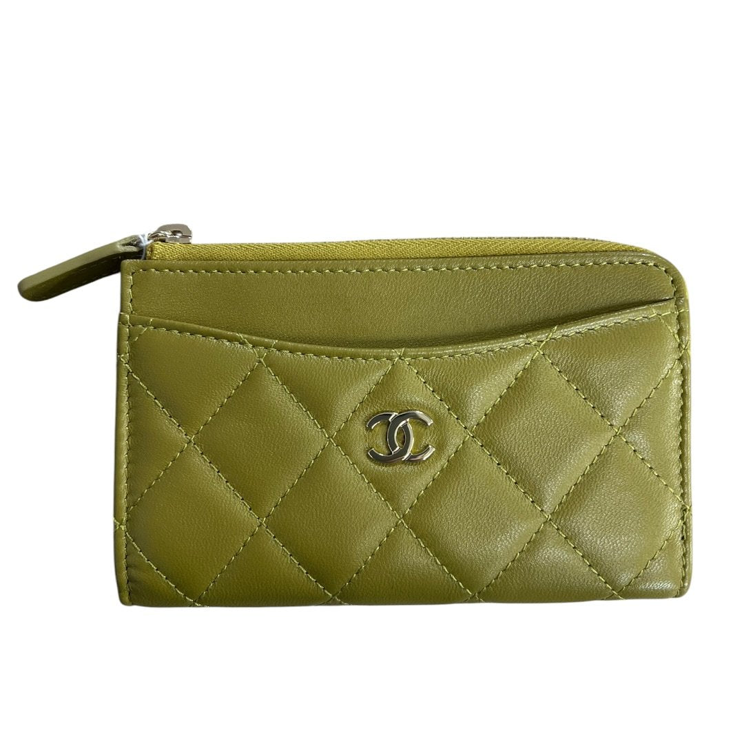 CHANEL Lambskin Quilted Zipped Card Holder Wallet Olive Green Silver Hardware | Authentic Pre-Owned Luxury