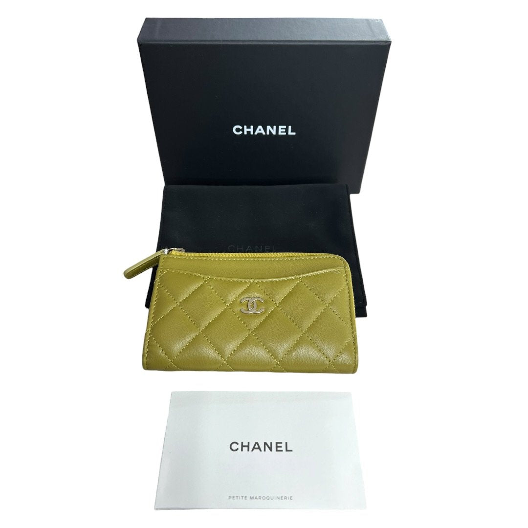 CHANEL Lambskin Quilted Zipped Card Holder Wallet Olive Green Silver Hardware | Authentic Pre-Owned Luxury
