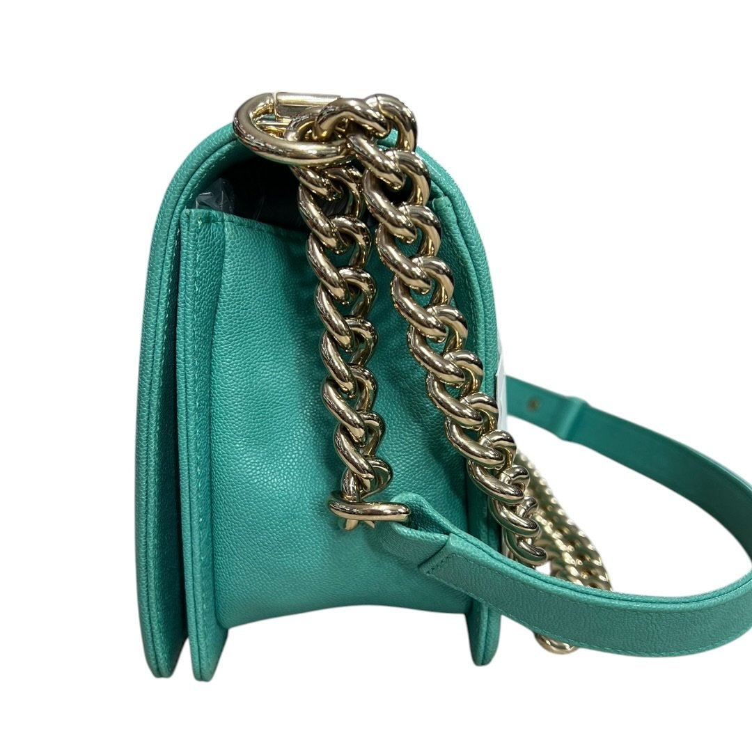 CHANEL Grained Calfskin Boy Bag Shoulder Bag Teal Gold Hardware | Authentic Pre-Owned Luxury