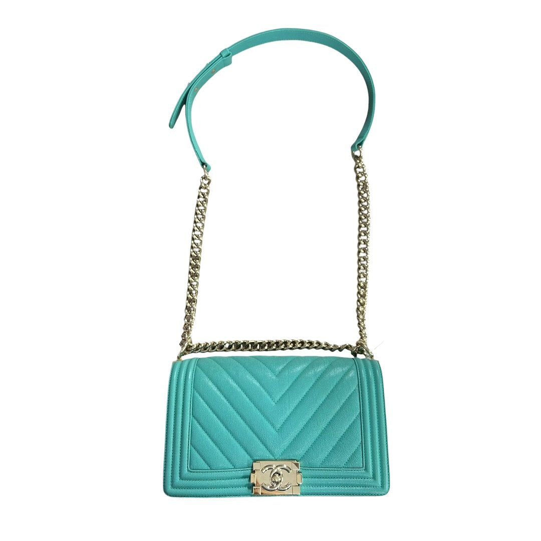 CHANEL Grained Calfskin Boy Bag Shoulder Bag Teal Gold Hardware | Authentic Pre-Owned Luxury