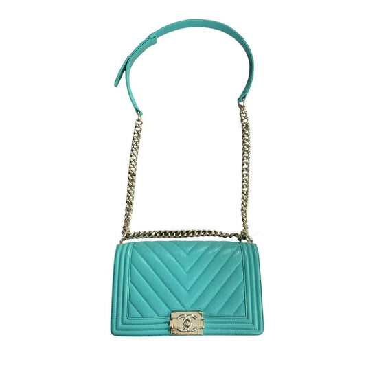 CHANEL Grained Calfskin Boy Bag Shoulder Bag Teal Gold Hardware | Authentic Pre-Owned Luxury