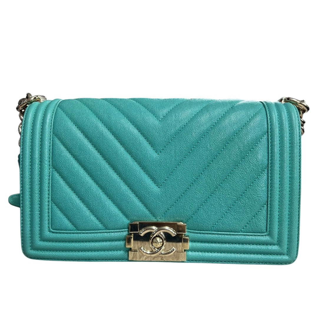 CHANEL Grained Calfskin Boy Bag Shoulder Bag Teal Gold Hardware | Authentic Pre-Owned Luxury