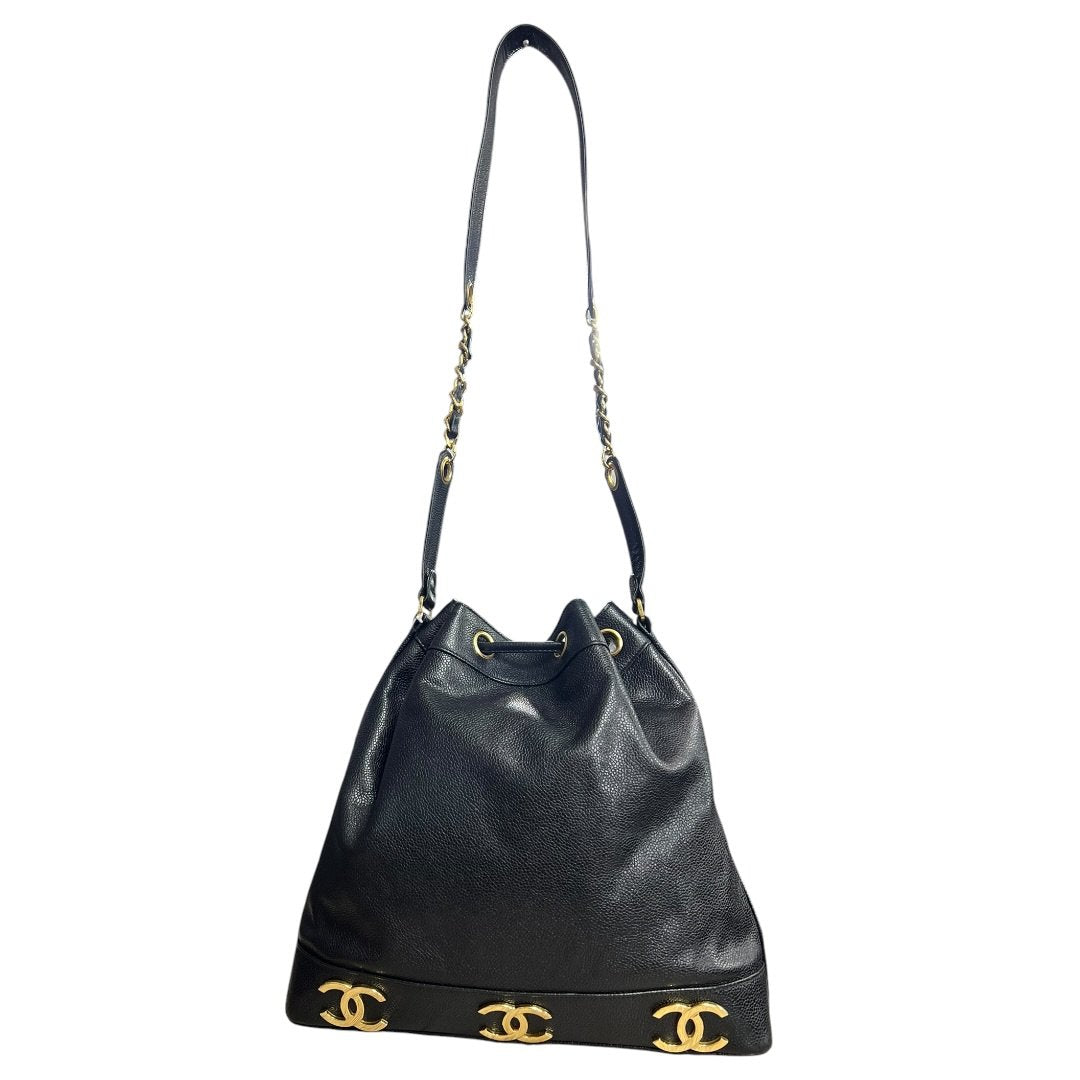 CHANEL Caviar Triple CC Drawstring Bucket Bag Shoulder Bag, Bucket Bag Black Gold Hardware | Authentic Pre-Owned Luxury