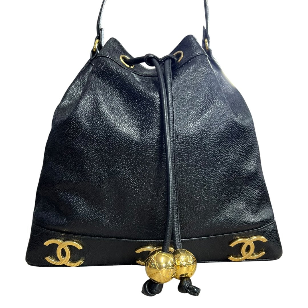 CHANEL Caviar Triple CC Drawstring Bucket Bag Shoulder Bag, Bucket Bag Black Gold Hardware | Authentic Pre-Owned Luxury