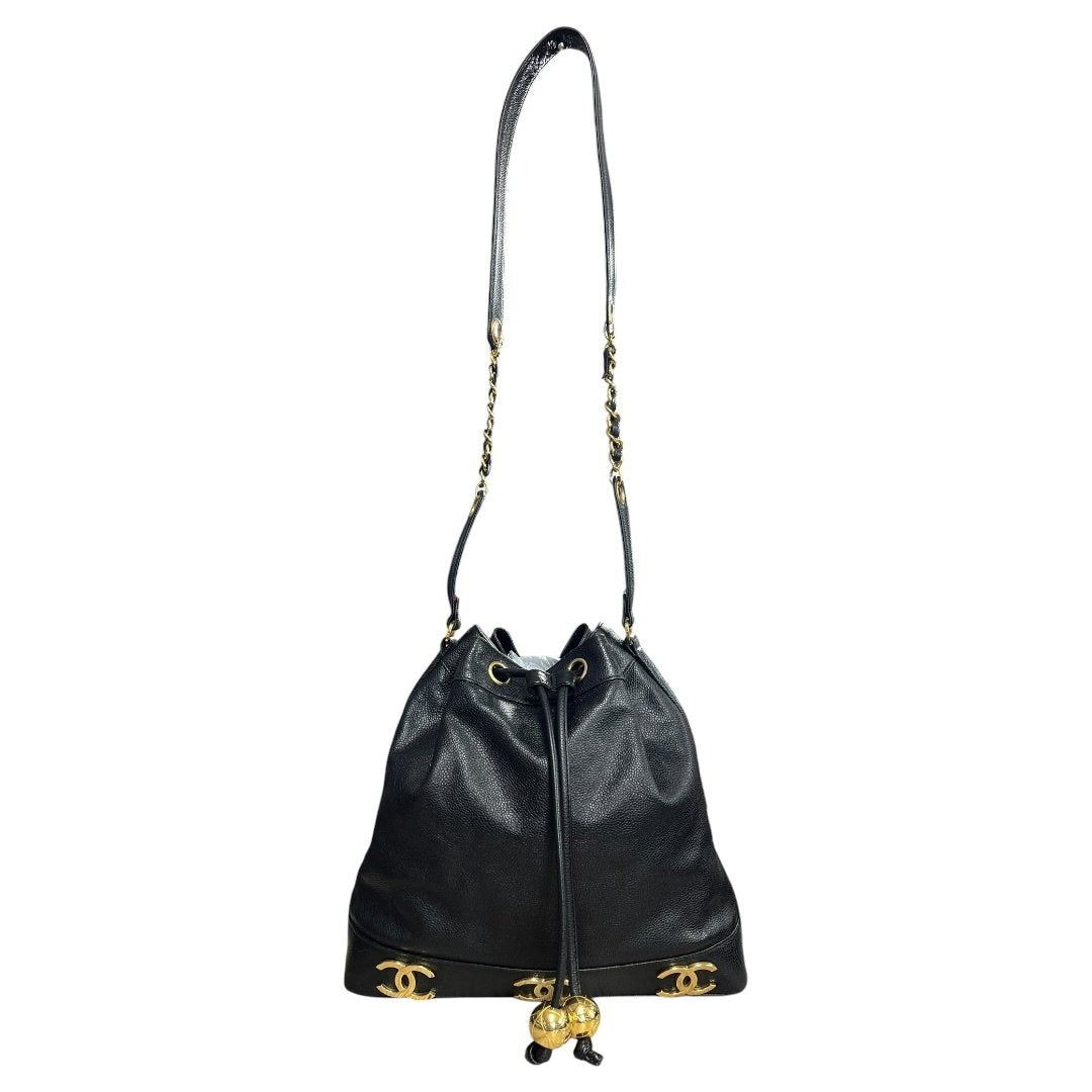 CHANEL Caviar Triple CC Drawstring Bucket Bag Shoulder Bag, Bucket Bag Black Gold Hardware | Authentic Pre-Owned Luxury