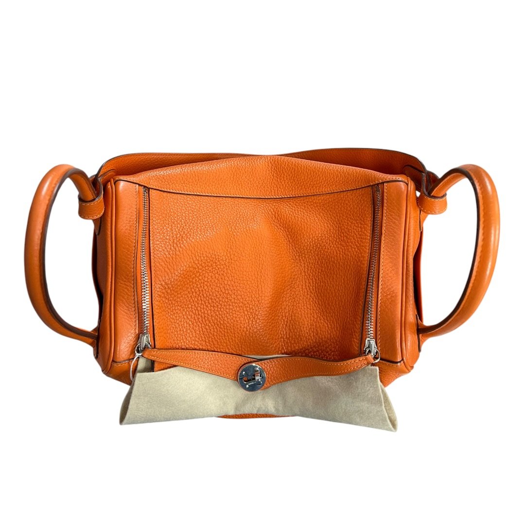 HERMES Clemence Lindy 30 Handbag Orange Silver Hardware | Authentic Pre-Owned Luxury