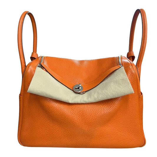 HERMES Clemence Lindy 30 Handbag Orange Silver Hardware | Authentic Pre-Owned Luxury