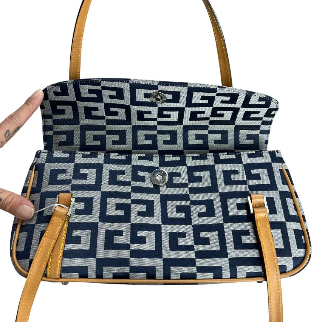 GIVENCHY Jacquard Canvas Shoulder Bag Dark Blue, Light Grey, Tan Silver Hardware | Authentic Pre-Owned Luxury