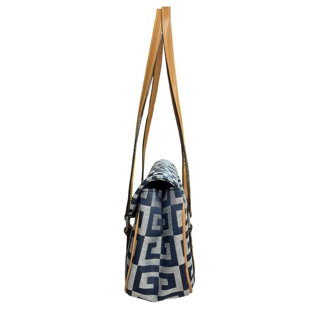 GIVENCHY Jacquard Canvas Shoulder Bag Dark Blue, Light Grey, Tan Silver Hardware | Authentic Pre-Owned Luxury