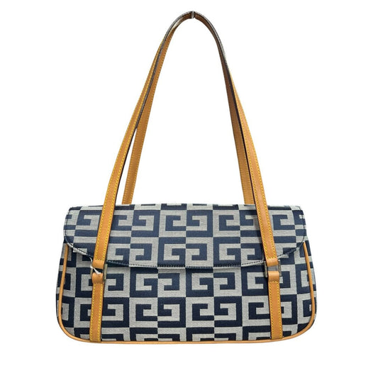 GIVENCHY Jacquard Canvas Shoulder Bag Dark Blue, Light Grey, Tan Silver Hardware | Authentic Pre-Owned Luxury
