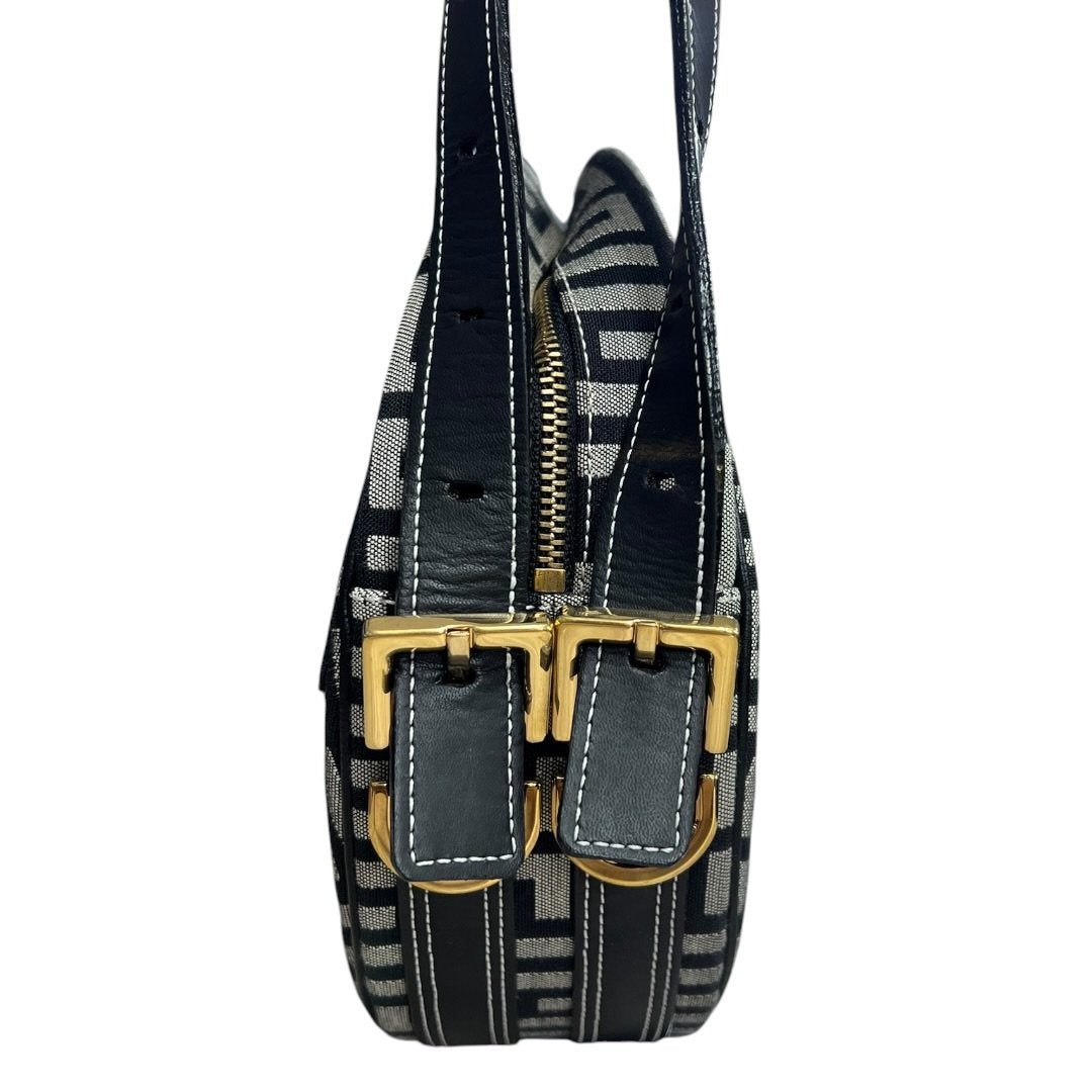 GIVENCHY 4G Monogram, Leather 4G Monogram Round Crossbody Bag Crossbody Bag Black, Grey Gold Hardware | Authentic Pre-Owned Luxury